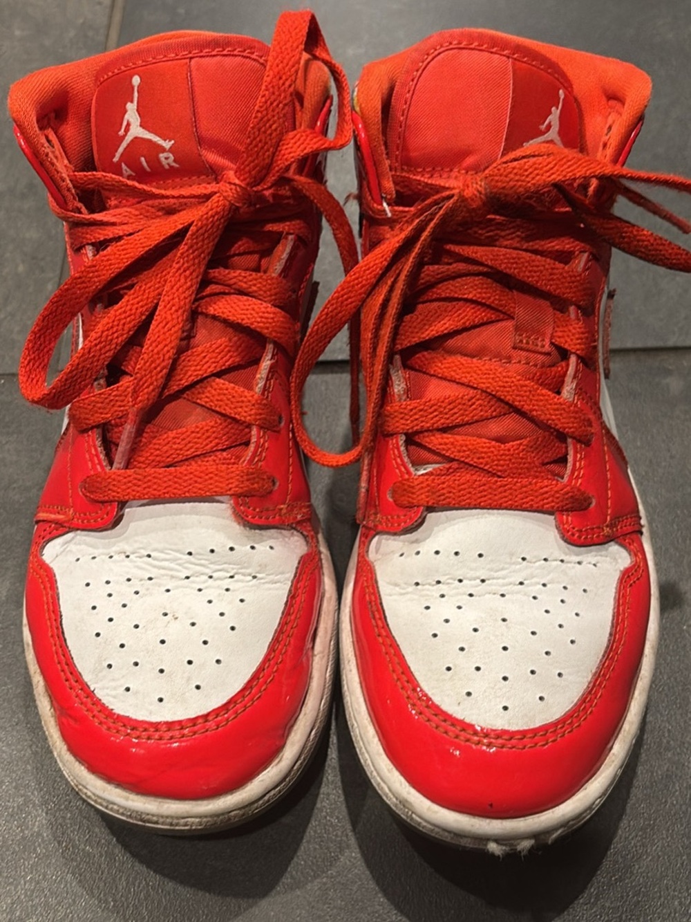 Jordan Kids Patent Red and White High-Top Sneakers with Jumpman Logo